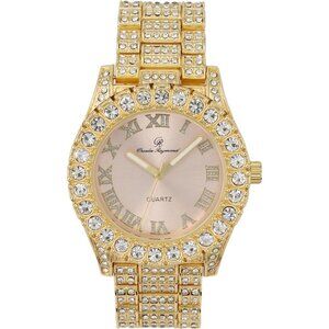 Women's Gold Blush Bezel Colored Dial Roman Numerals Iced Out Watch St10327la